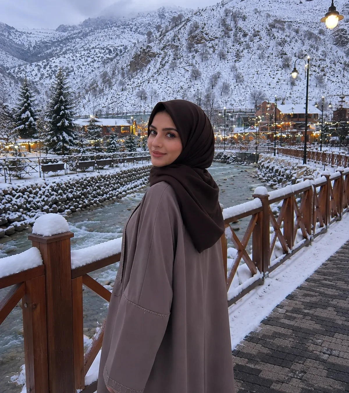عباية شتوية بلون ترابي أمام جبال مكسوّة بالثلج